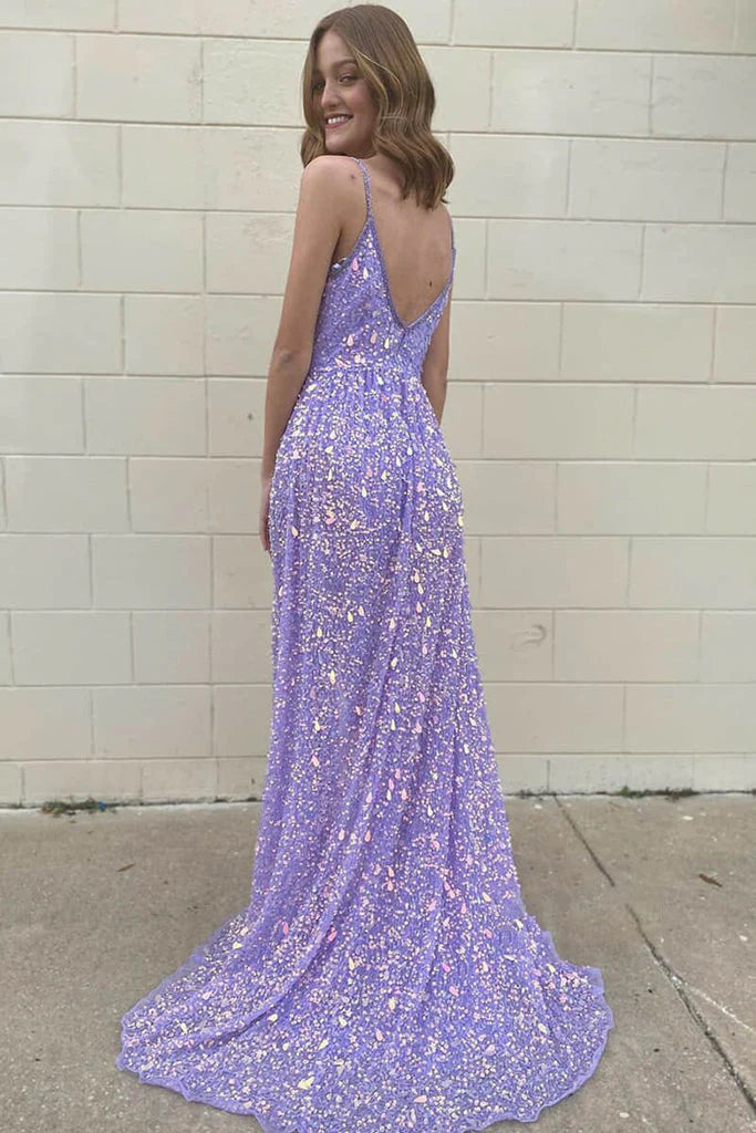 DingJiDress Sheath Deep V-Neck Sweep Train Spaghetti Straps Sleeveless Prom Dress with Split Sequins