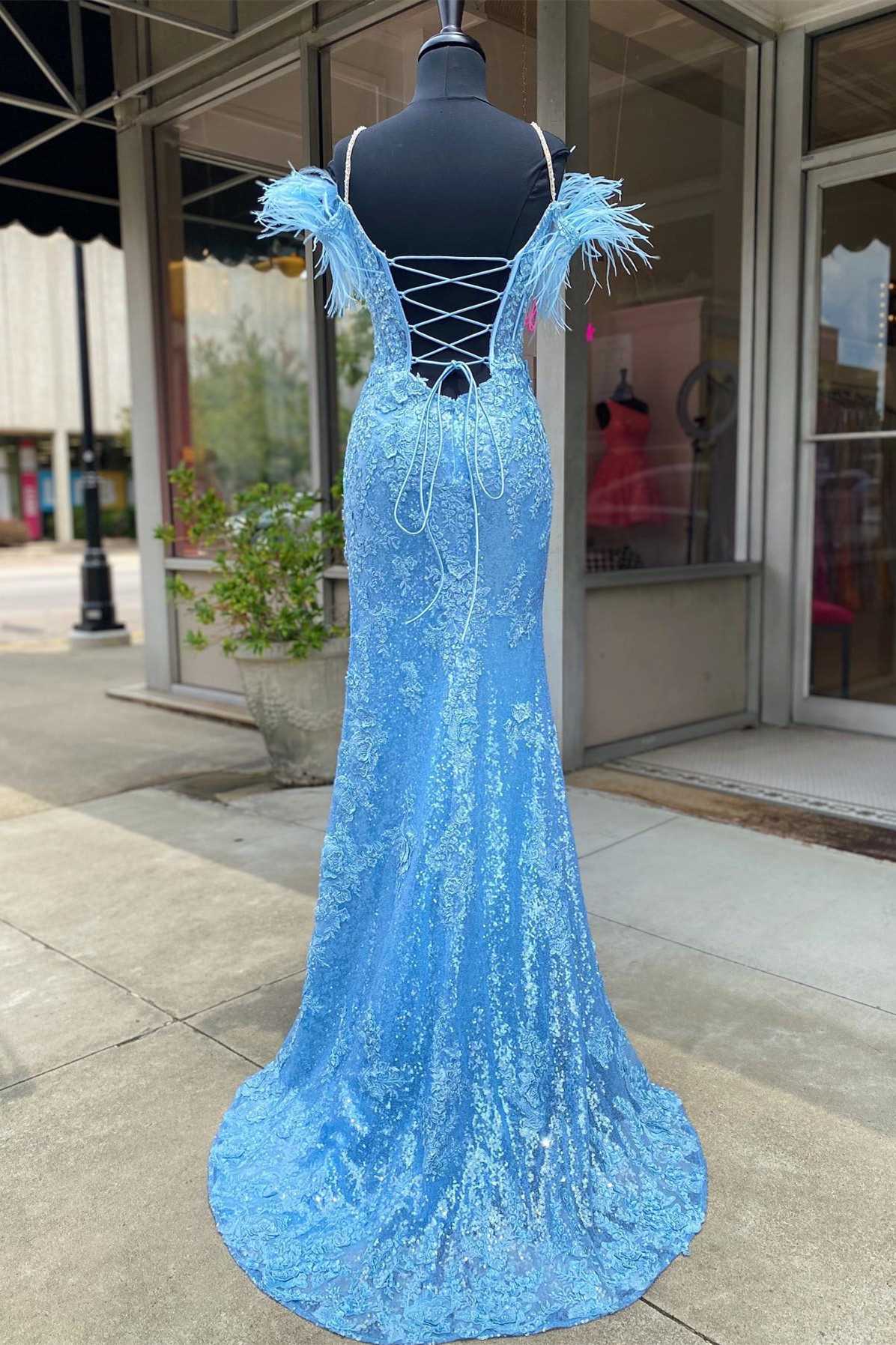 DingJiDress Sheath Spaghetti Straps Sequins Feather Long Prom Dress with Slit