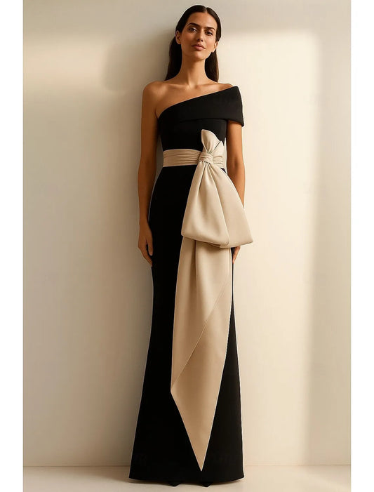 Sheath One-Shoulder Bow Beige Black Floor Length Prom Dress For Women