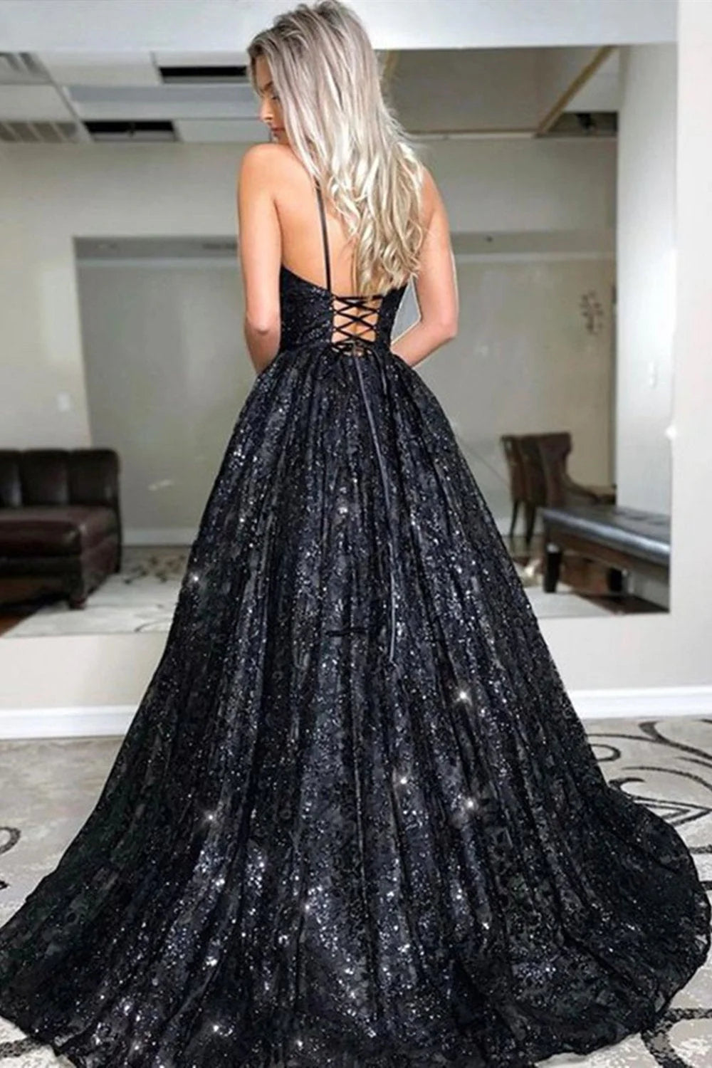 DingJiDress Long Prom Dress Shiny Sequins A Line V Neck Open Back Sparkly Lace Sequins Formal Evening Dress