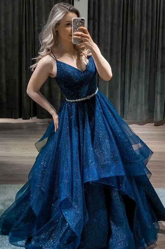 DingJiDress Long Prom Dress Shiny V Neck Dark Blue with Belt, Sparkly Ball Gown Fluffy Blue Formal Evening Dress