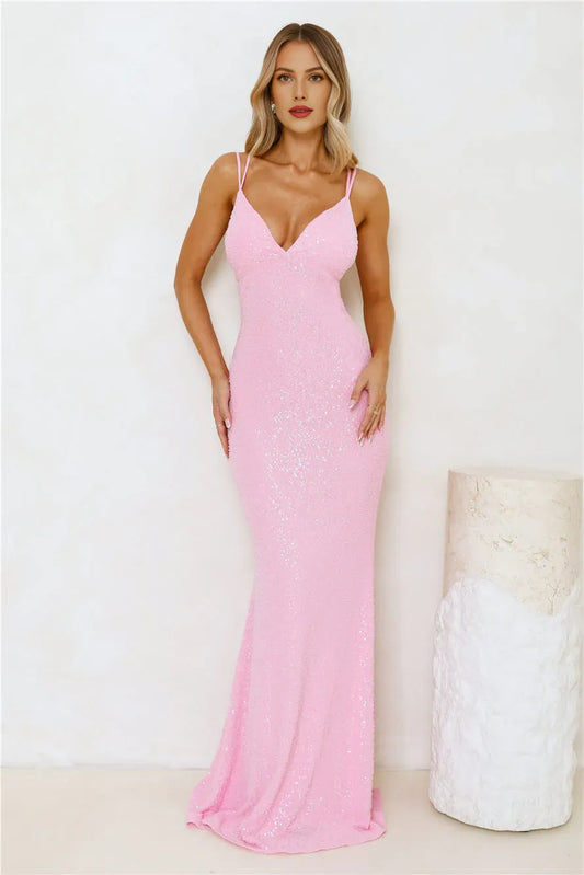 Shiny Mermaid Deep V Neck Double Straps Sequins Pink Maxi Prom Dress