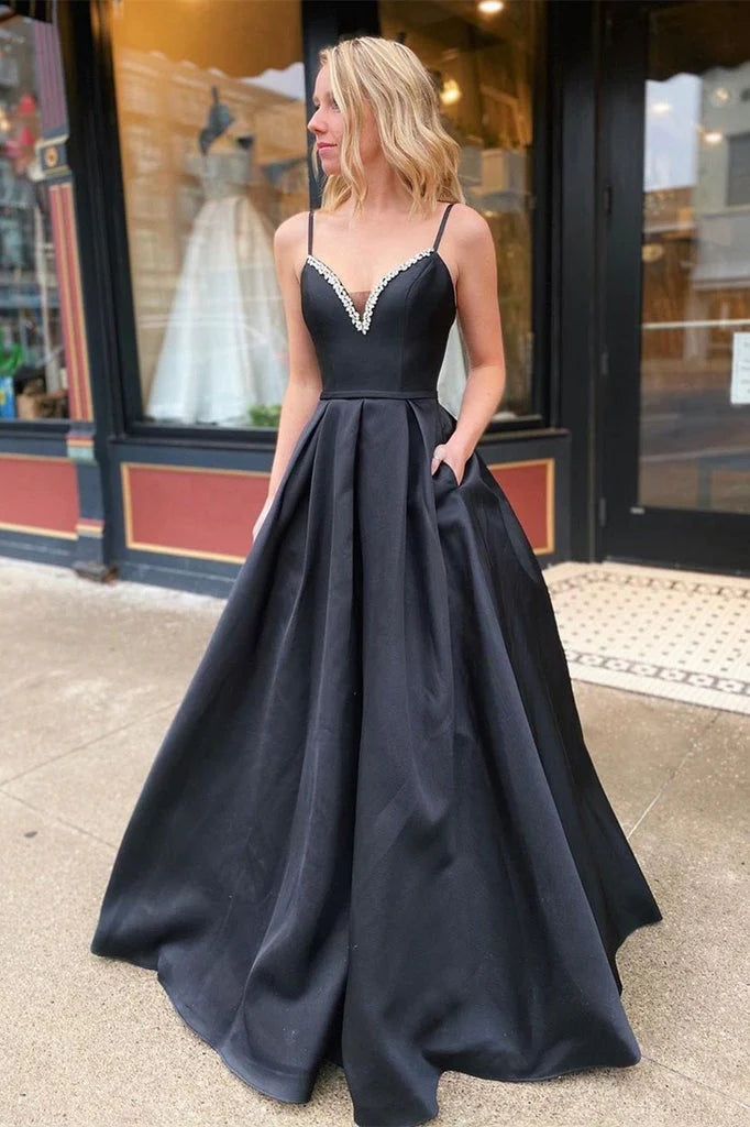 DingJiDress Prom Dresses For Teens Simple Black Long V Neck Spaghetti Straps Satin
