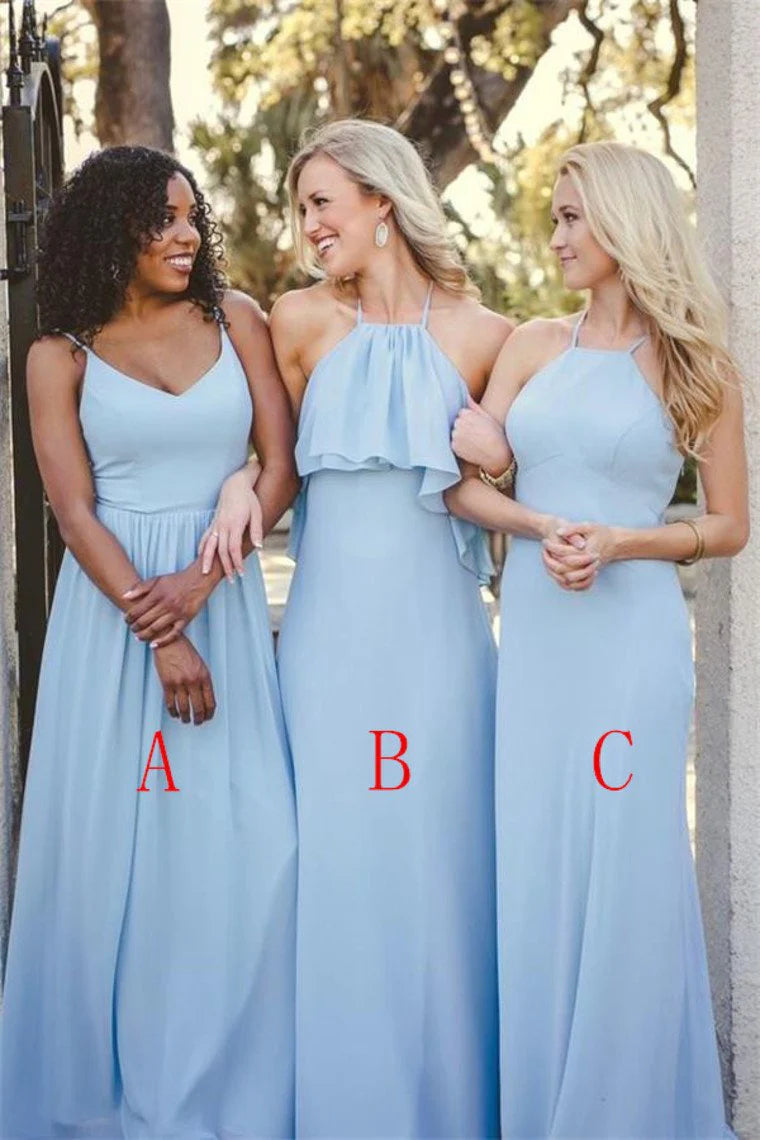 DingJiDress Long Simple Cheap Chiffon Bridesmaid Dresses Elegant Sky Blue