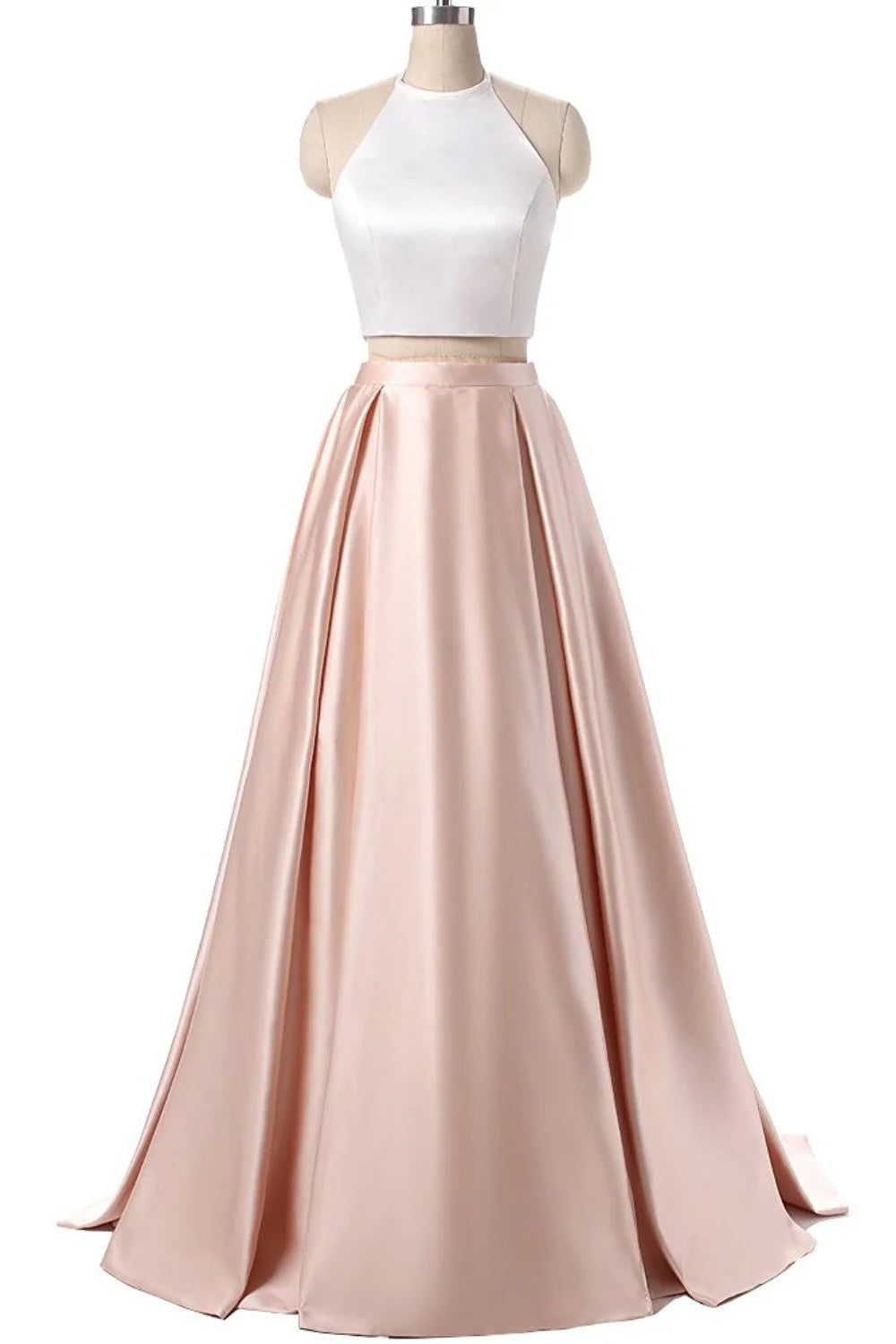 DingJiDress A-Line Prom Dresses Two Pieces Pink Halter Long Sleeveless Pleated Backless