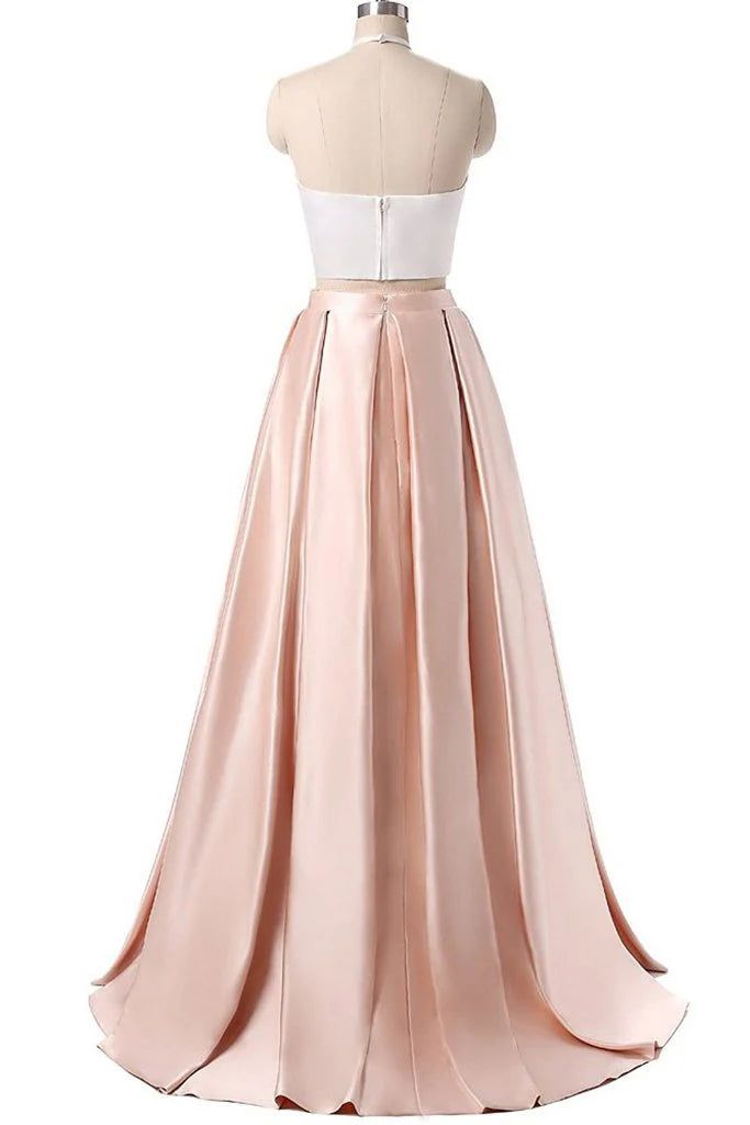 DingJiDress A-Line Prom Dresses Two Pieces Pink Halter Long Sleeveless Pleated Backless