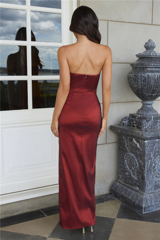 Simple Elegant Mermaid Strapless Twist Satin Wine Maxi Prom Dress With Side Slit