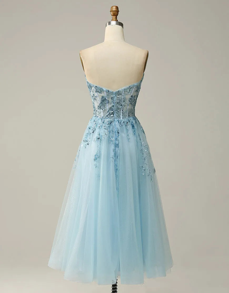 DingJiDress Sky Blue A-Line Tea Length Strapless Party Dress With Beading