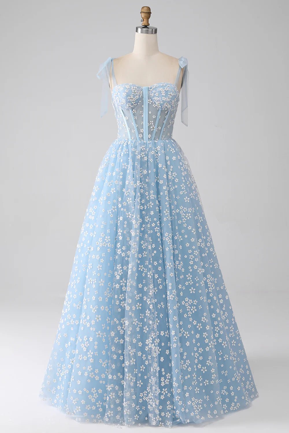 DingJiDress A-Line Spaghetti Straps Sky Blue Corset Prom Dress