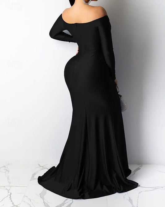 Sleek Mermaid Off Shoulder Ruched Slit Black Floor Length Prom Dress