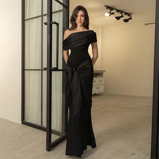 Sleek Mermaid One Shoulder Draped Sashed Black Floor Length Prom Dress