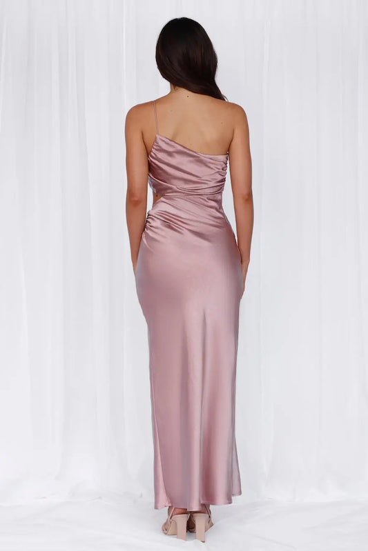Slim-fit One Shoulder Cutout Waist Satin Dusty Pink Maxi Evening Dress