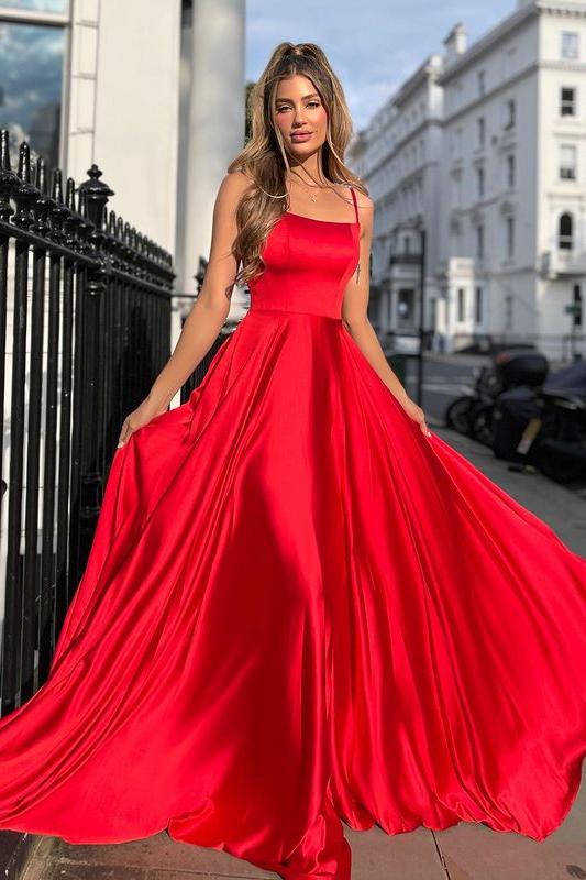 DingJiDress Long Red Open Back Spaghetti Straps Satin  Simple Cheap Prom Dresses