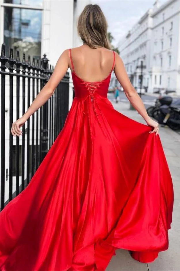 DingJiDress Long Red Open Back Spaghetti Straps Satin  Simple Cheap Prom Dresses