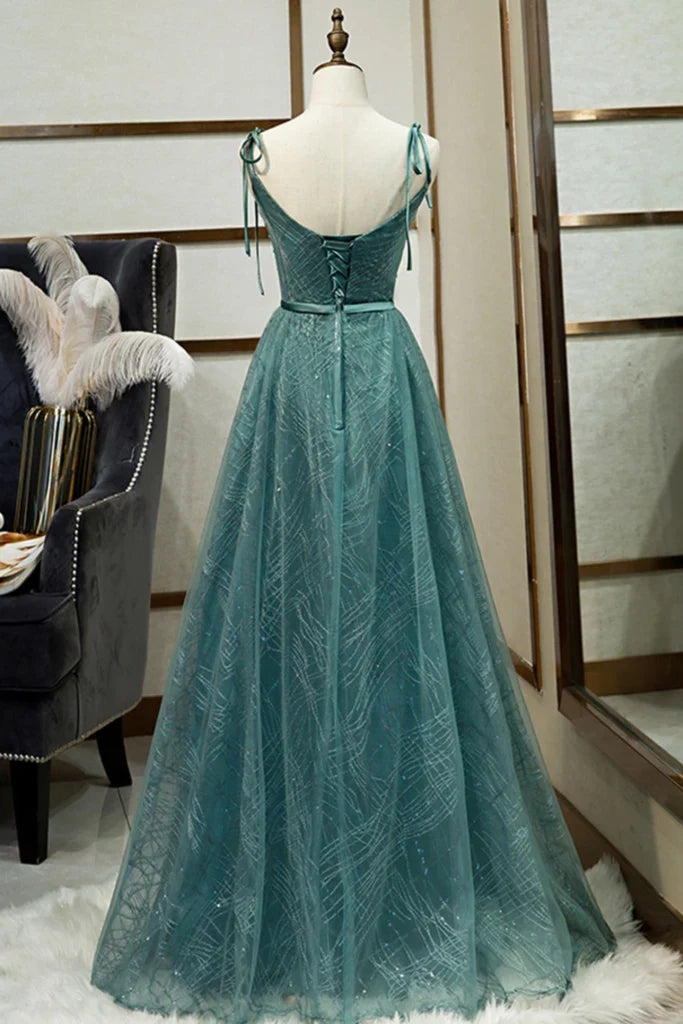 DingJiDress Long Prom Dress Straps Tulle Modest A Line Evening Dress