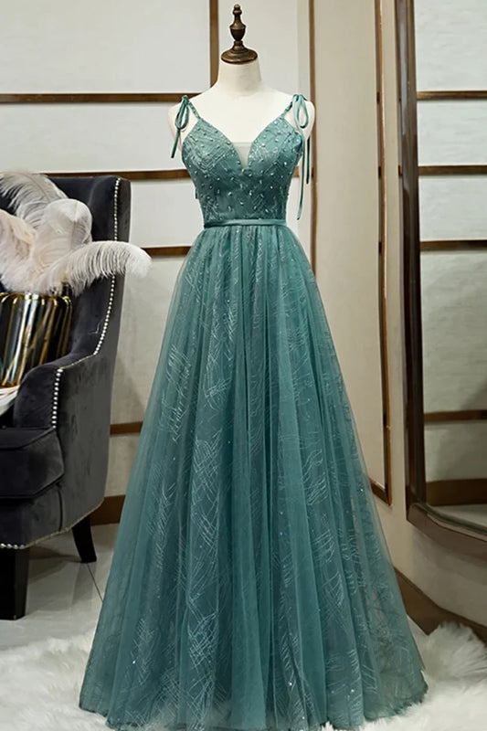 DingJiDress Long Prom Dress Straps Tulle Modest A Line Evening Dress