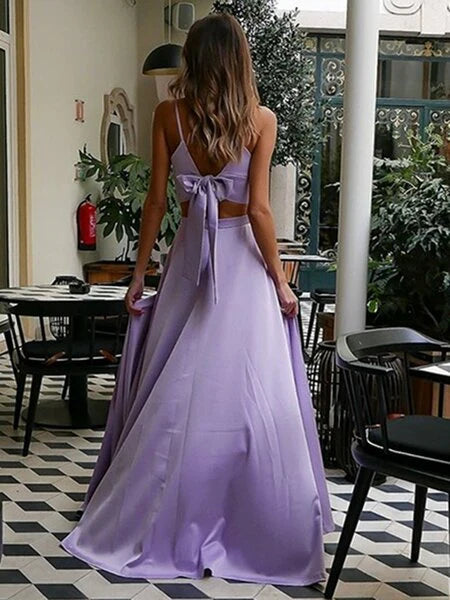 DingJiDress A Line Prom Dresses Straps V Neck Two Piece Satin With Split Floor Length