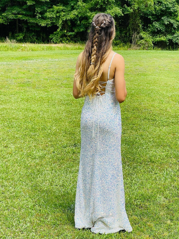 DingJiDress Spaghetti Strap V Neck Velvet Sequin Prom Dresses