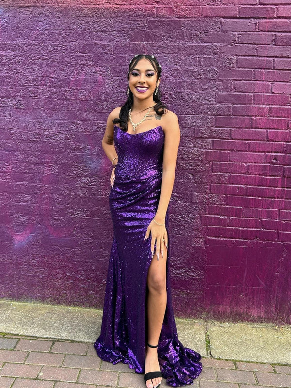 DingJiDress Strapless Slit Sequin Fitted Prom Dresses With Slit Prom Dresses