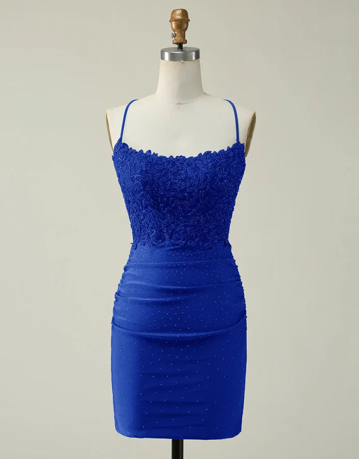 DingJiDress Royal Blue V-Neck Corset Back Homecoming Dress With Sequin