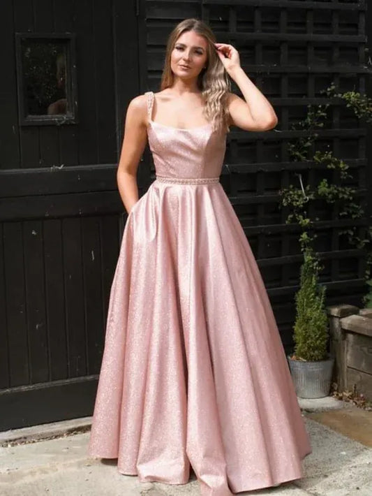 Sparkly A-line Square-neck Sleeveless Beaded Blush Floor-length Prom Dress for Women Ready to Ship