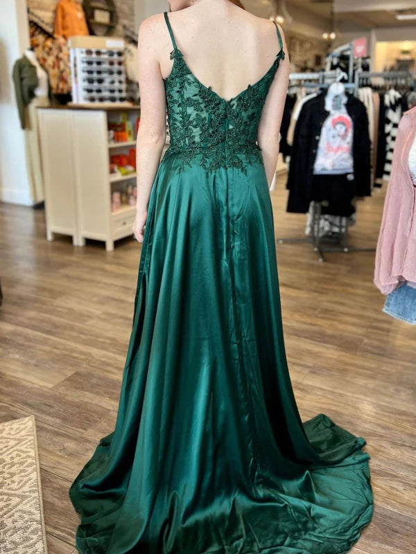 DingJiDress Satin Spaghetti Strap Lace Bodice A Line Prom Dresses With Slit Prom Dresses