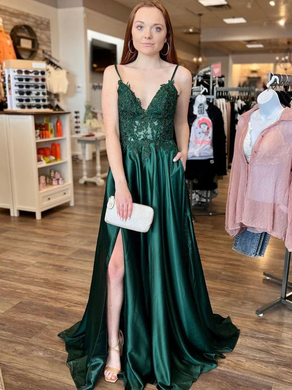 DingJiDress Satin Spaghetti Strap Lace Bodice A Line Prom Dresses With Slit Prom Dresses