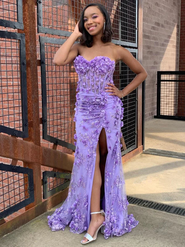 DingJiDress Strapless Sweetheart Long Fitted Corset Gown with 3D Flowers Prom Dresses