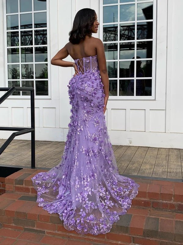 DingJiDress Strapless Sweetheart Long Fitted Corset Gown with 3D Flowers Prom Dresses