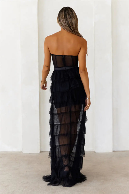 Strapless Corset Sheer Tiered Tulle Lace Black Floor Length Dress Ready To Ship