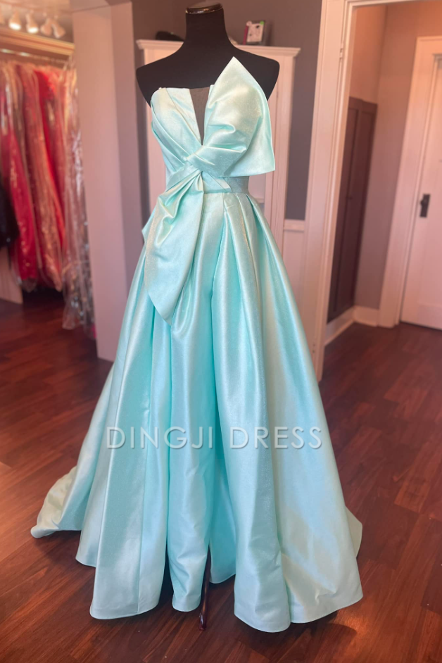DingJiDress Formal Dress Exquisite A-Line Strapless Satin Party With Train Fashion Prom Dress