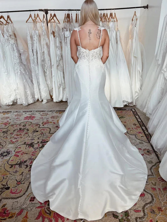 Straps Applique Mermaid Satin Wedding Dress