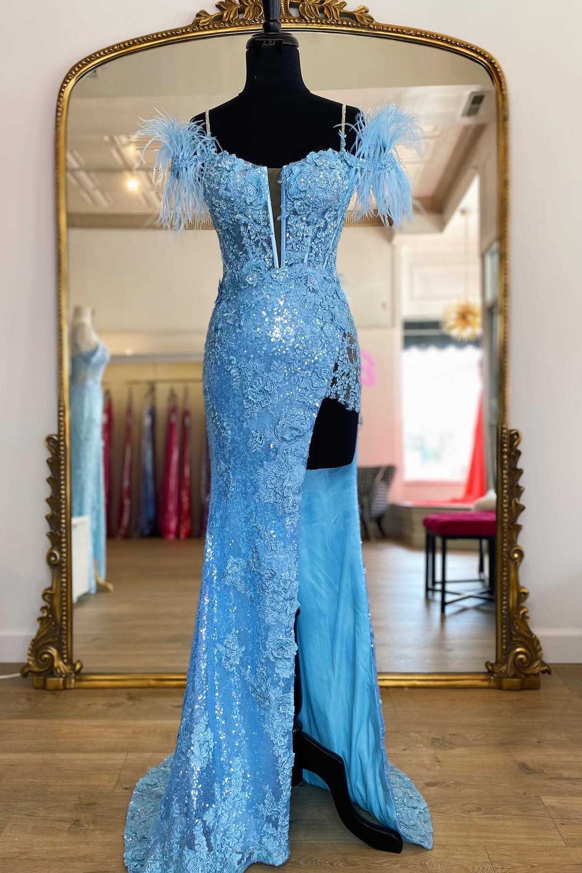 DingJiDress Sheath Spaghetti Straps Sequins Feather Long Prom Dress with Slit