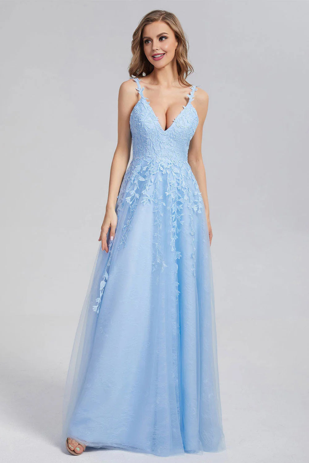 DingJiDress A Line Straps Blue Prom Dresses V Neck Lace Evening Dresses