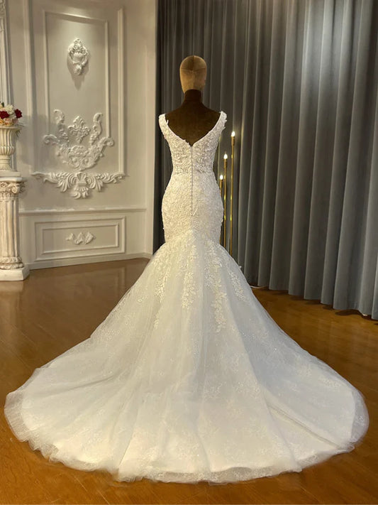 DingJiDress Beach Straps Illusion V Neck Applique Mermaid Wedding Dresses