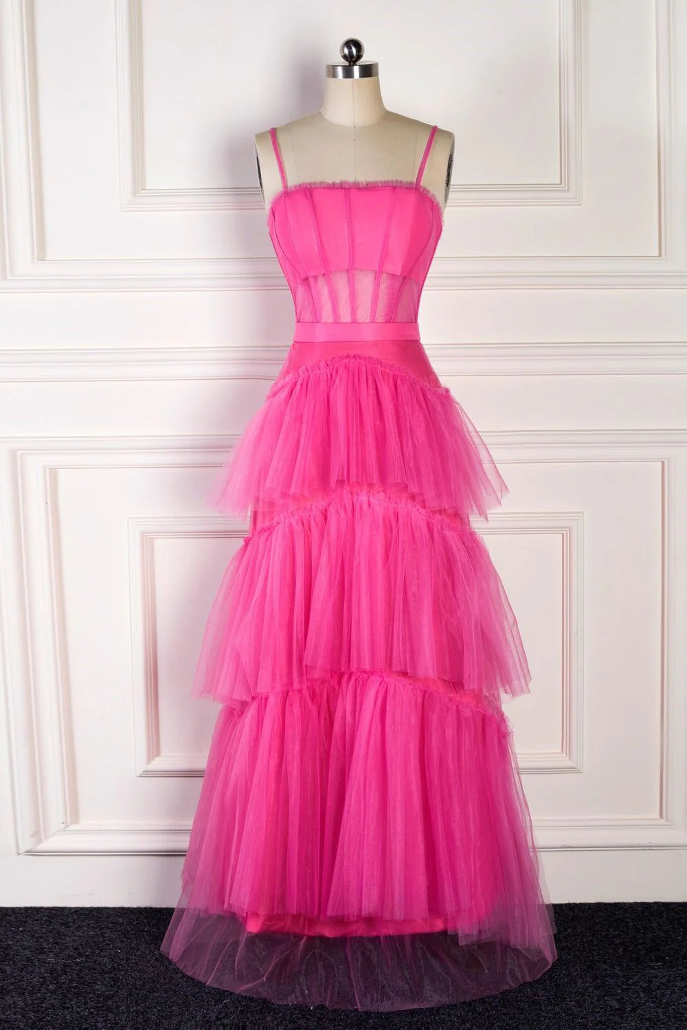 DingJiDress Elegant A Line Pink Straps Tiered Tulle Long Prom Dress Spaghetti