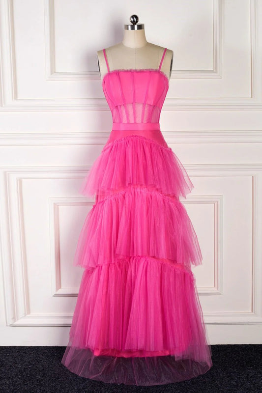 DingJiDress Elegant A Line Pink Straps Tiered Tulle Long Prom Dress Spaghetti