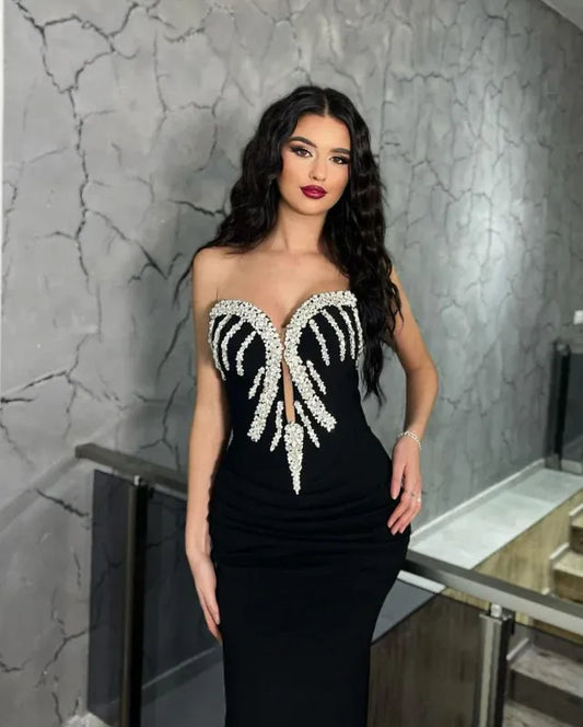 Striking Mermaid Sweetheart Rhinestones Black Floor-length Prom Dress for Women Ready to Ship
