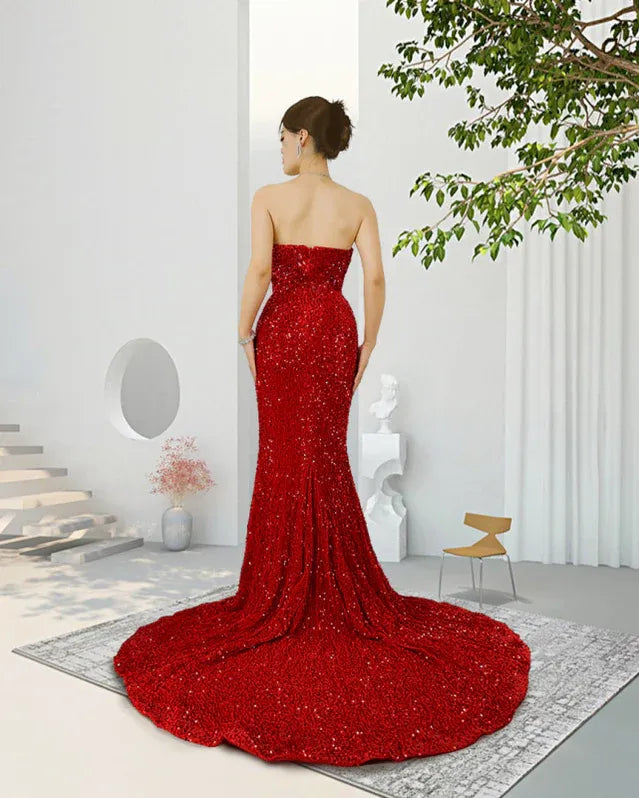 Stunning Mermaid Sweetheart Sequin Red Maxi Evening Dress for Women Custom