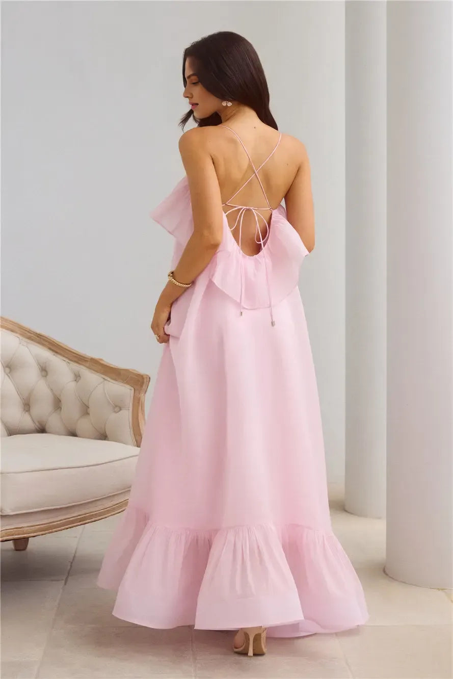 Stunning Spaghetti Straps Ruffle Tie Pink Maxi Evening Dress Hot Sale