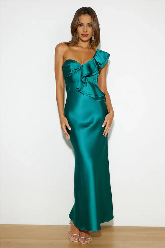 Stylish Elegant Mermaid One Shoulder Ruffle Green Maxi Prom Dress For Women