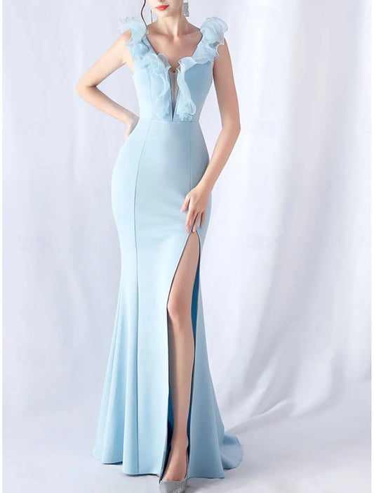 Stylish Mermaid V-Neck Ruffle Sky Blue Maxi Prom Dress With Slit