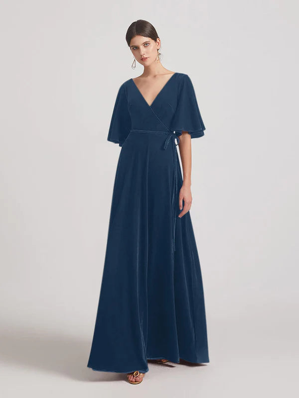 DingJiDress Elbow Length Flutter Sleeve Velvet Maxi Bridesmaid Dresses