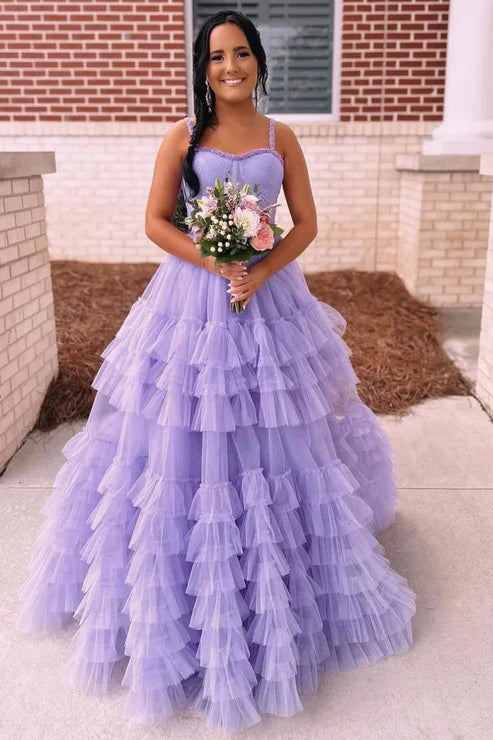 DingJiDress Fashion Tiered Ruffle Tulle Prom Dress Beaded Evening Dresses