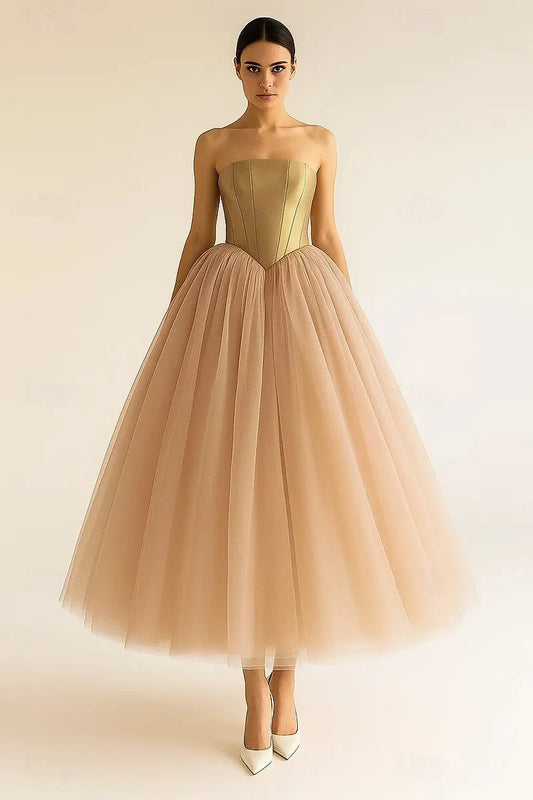 Timeless Ball Gown Strapless Corset Tulle Gold Tea Length Prom Dress