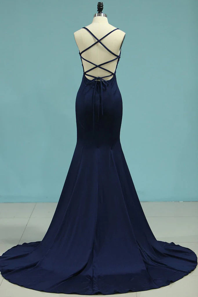 DingJiDress Trumpet/Mermaid Prom Dresses Sleeveless Straps Sweep/Brush Train Applique Spandex