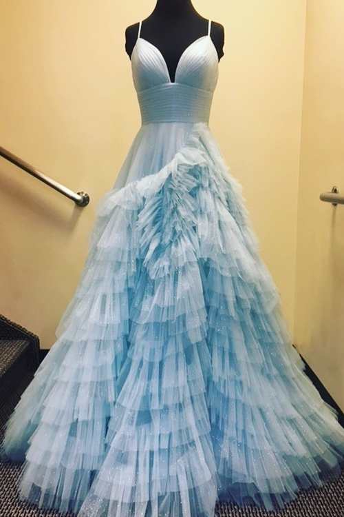 DingJiDress A-Line Spaghetti Straps Tulle Tiered Princecss Prom Dress