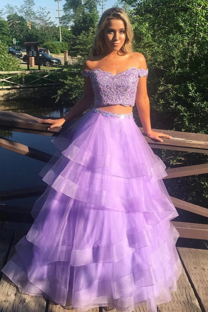 DingJiDress Prom Dresses Two Piece A Line Off The Shoulder Tulle Formal