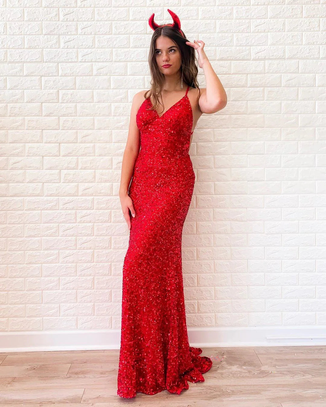 DingJiDress Long Prom Dresses Mermaid Spaghetti Straps Embroidery Red Satin Sequins V Neck