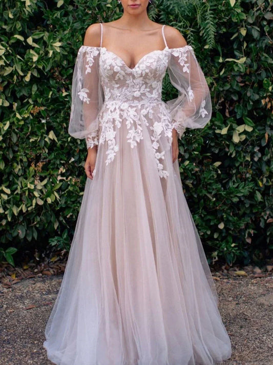 DingJiDress Prom Dresses Unique Neck Tulle Lace Long Applique Long Sleeve